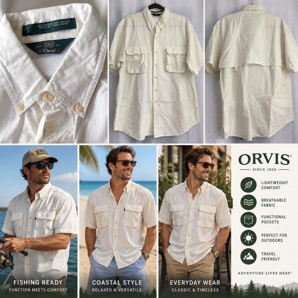 Orvis Classic Collection Men's Large Cream whtie Fishing Shirt Short Sleeve
